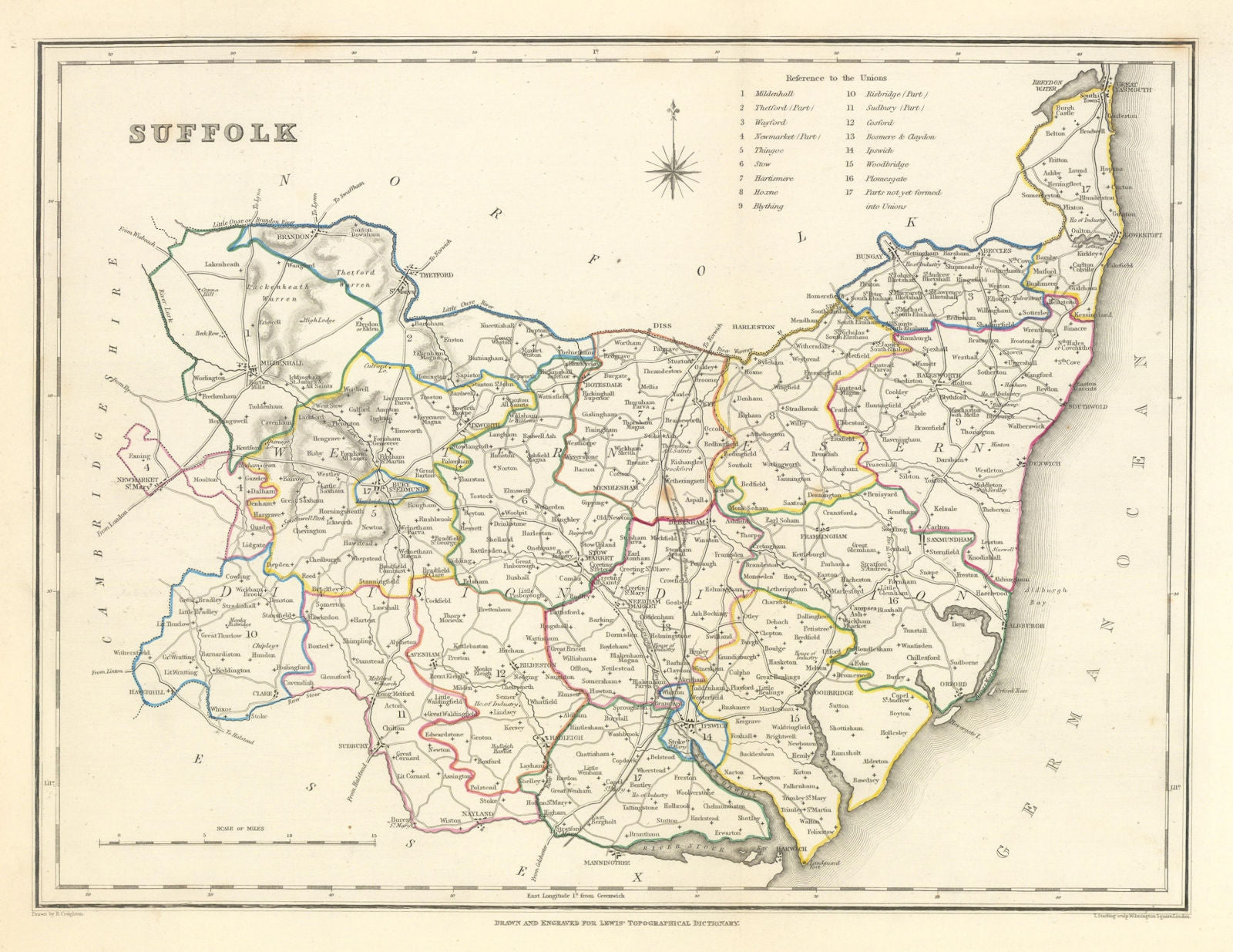 Antique county map of SUFFOLK by Creighton & Starling for Lewis c1840 old